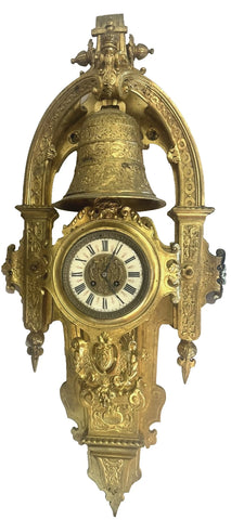 Large French Cartel Wall Clock. Gilt Bronze Case. Enamel Dial. 19th C. 36" H