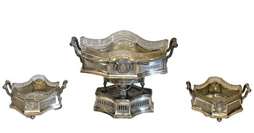3 pc Table Centerpiece. German 800 Silver and Cut Glass. Early 20th Century