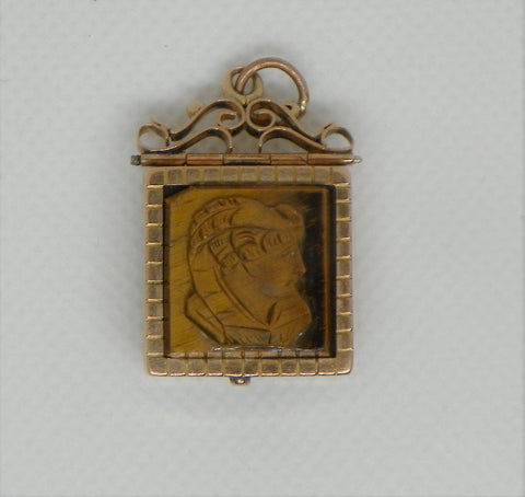 Victorian pendant carved tiger's eye and oynx. 19th century