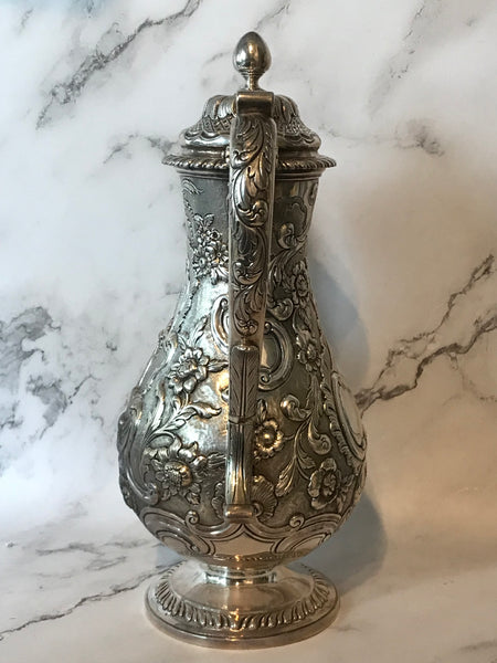 Scottish George III Sterling Silver Coffee Pot. Repousse. Late 18th Century. 12"