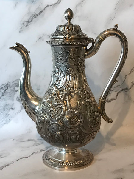 Scottish George III Sterling Silver Coffee Pot. Repousse. Late 18th Century. 12"