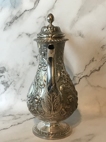 Scottish George III Sterling Silver Coffee Pot. Repousse. Late 18th Century. 12"