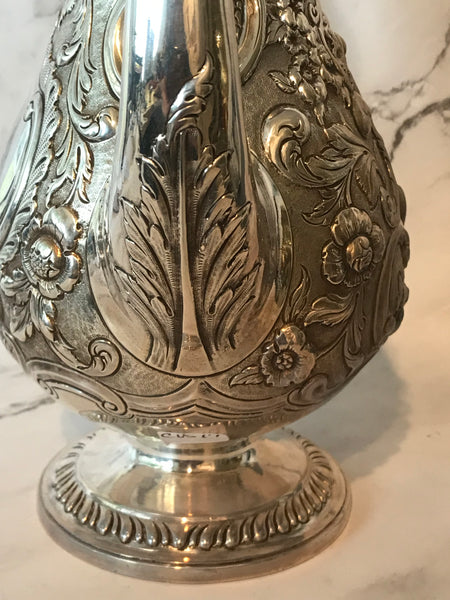 Scottish George III Sterling Silver Coffee Pot. Repousse. Late 18th Century. 12"