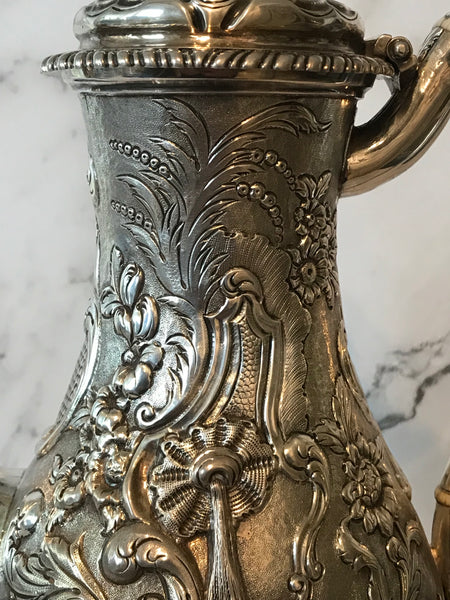 Scottish George III Sterling Silver Coffee Pot. Repousse. Late 18th Century. 12"