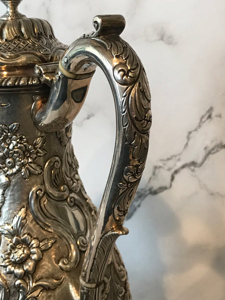 Scottish George III Sterling Silver Coffee Pot. Repousse. Late 18th Century. 12"