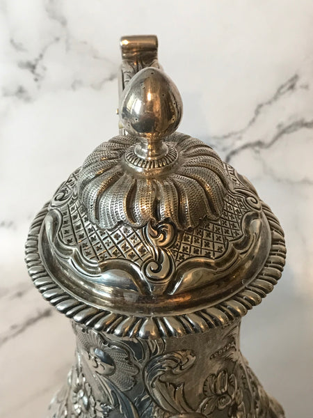 Scottish George III Sterling Silver Coffee Pot. Repousse. Late 18th Century. 12"