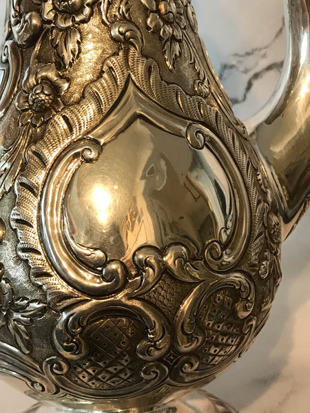 Scottish George III Sterling Silver Coffee Pot. Repousse. Late 18th Century. 12"