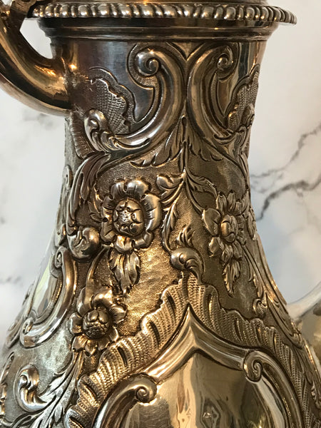 Scottish George III Sterling Silver Coffee Pot. Repousse. Late 18th Century. 12"