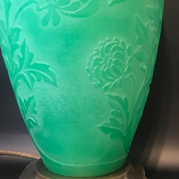 Steuben Acid Etched Green Glass Vase Mounted as Lamp. 14" H