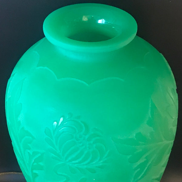 Steuben Acid Etched Green Glass Vase Mounted as Lamp. 14" H