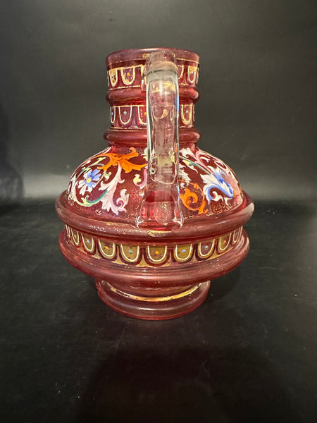 Moser Enameled Cranberry Glass Pitcher. Circa 1900. 6 1/4" H.
