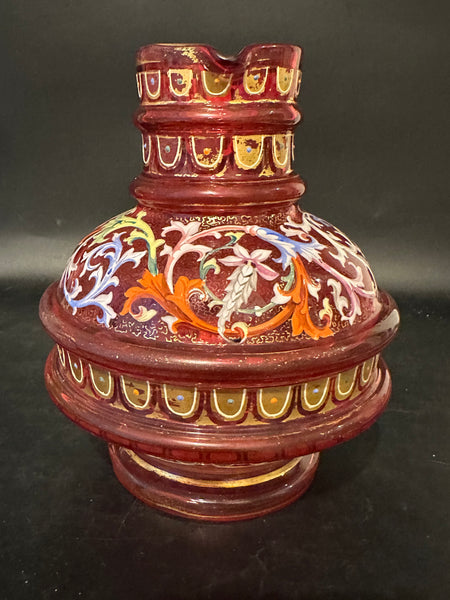 Moser Enameled Cranberry Glass Pitcher. Circa 1900. 6 1/4" H.
