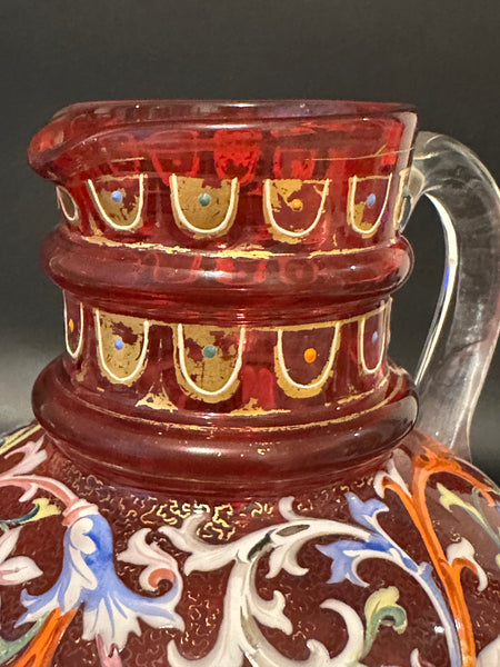 Moser Enameled Cranberry Glass Pitcher. Circa 1900. 6 1/4" H.