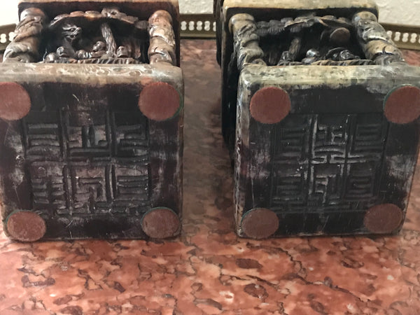 Pair of Chinese Carved Hardstone Seal Chop Foo Dogs. 9" height