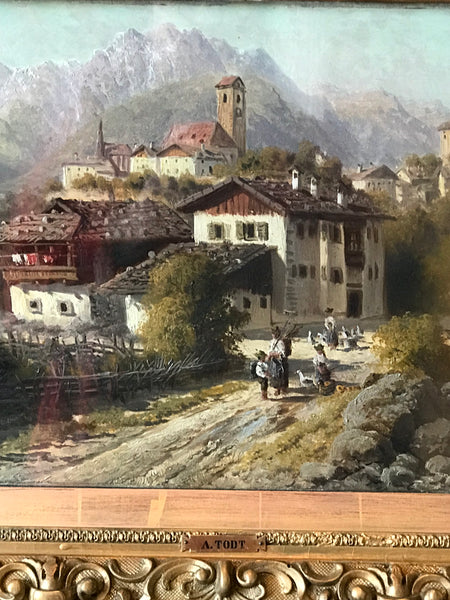 Original Oil Painting on Board. European Village 19th Century.