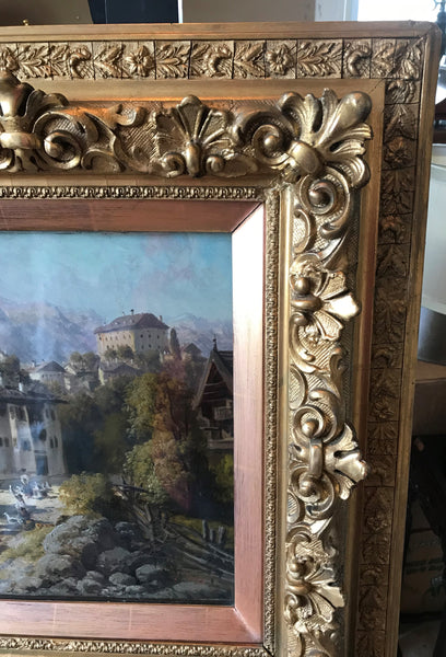 Original Oil Painting on Board. European Village 19th Century.