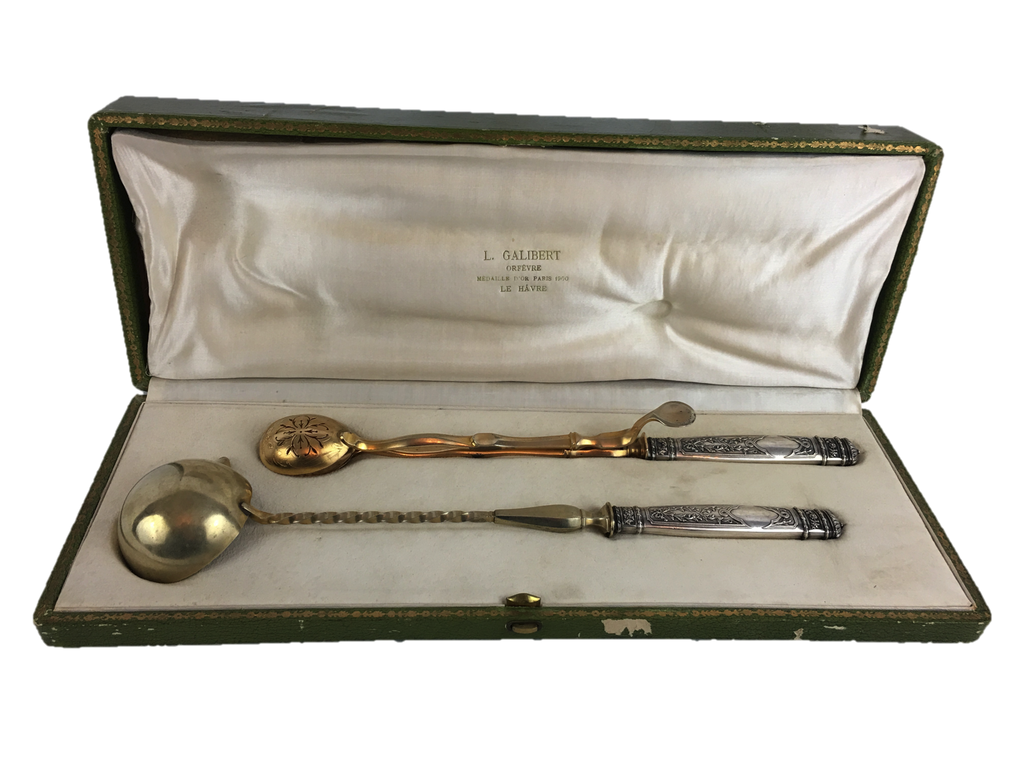19th Century French Silver Ice Tongs and Ladle Cased Set