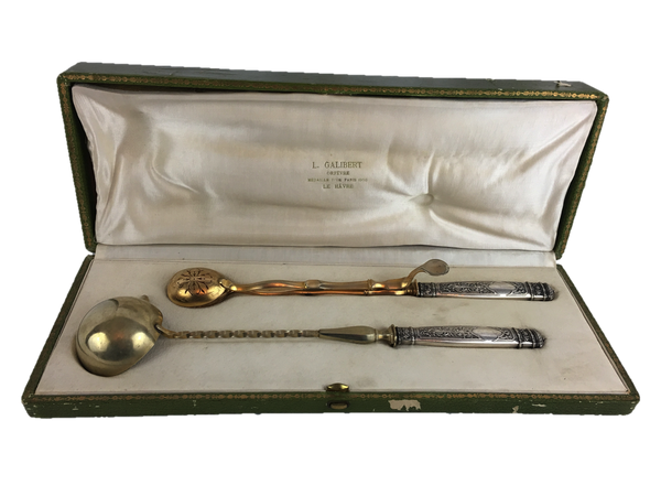 19th Century French Silver Ice Tongs and Ladle Cased Set